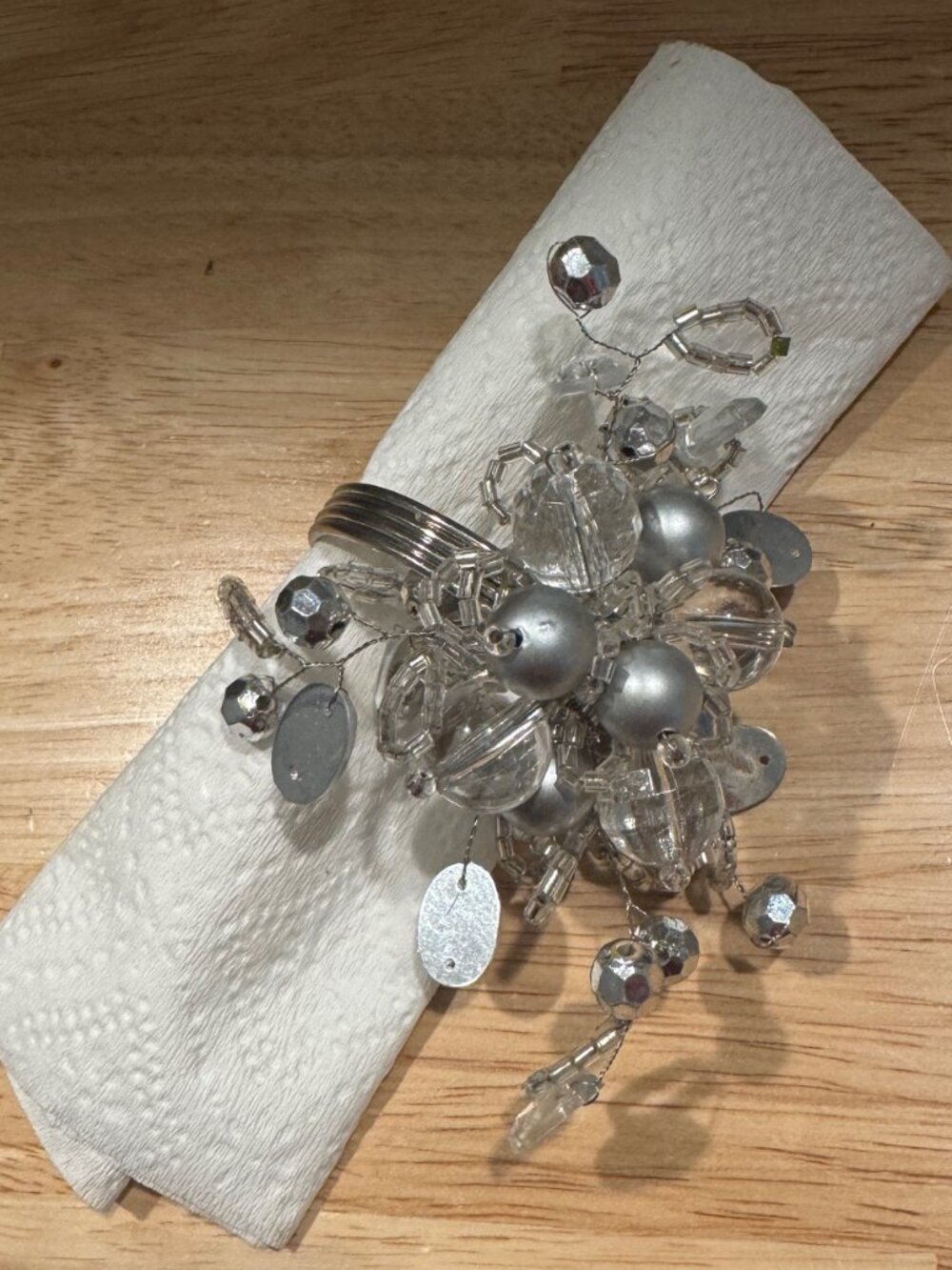 Beaded Set of Six Napkin Rings with Silver-Tone Wire Frames, Faux Pearls & Beads